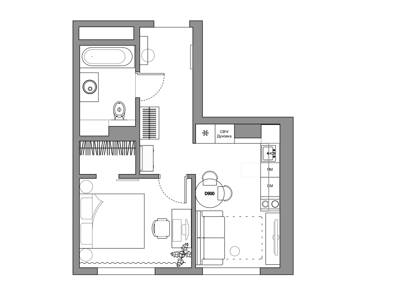Чертёж квартиры 35 м² с расстановкой мебели